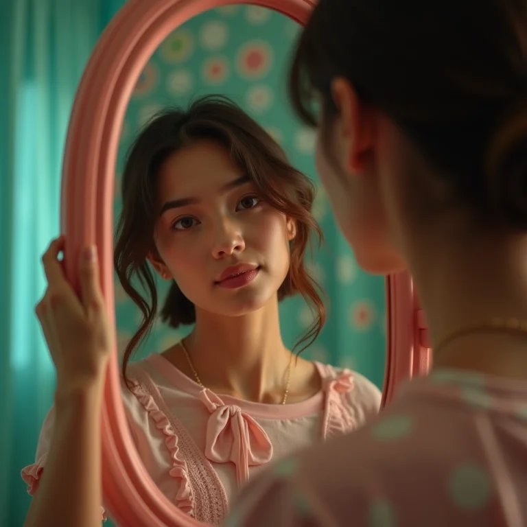 Mulher olhando para um reflexo distorcido em um espelho de parque de diversões.