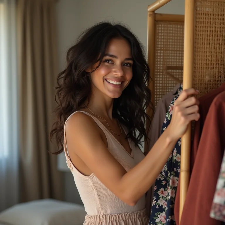 Mulher organizando roupas atrás de biombo no quarto.