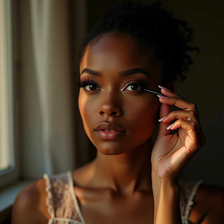 Mulher parda aplicando cílios postiços com curvatura ideal