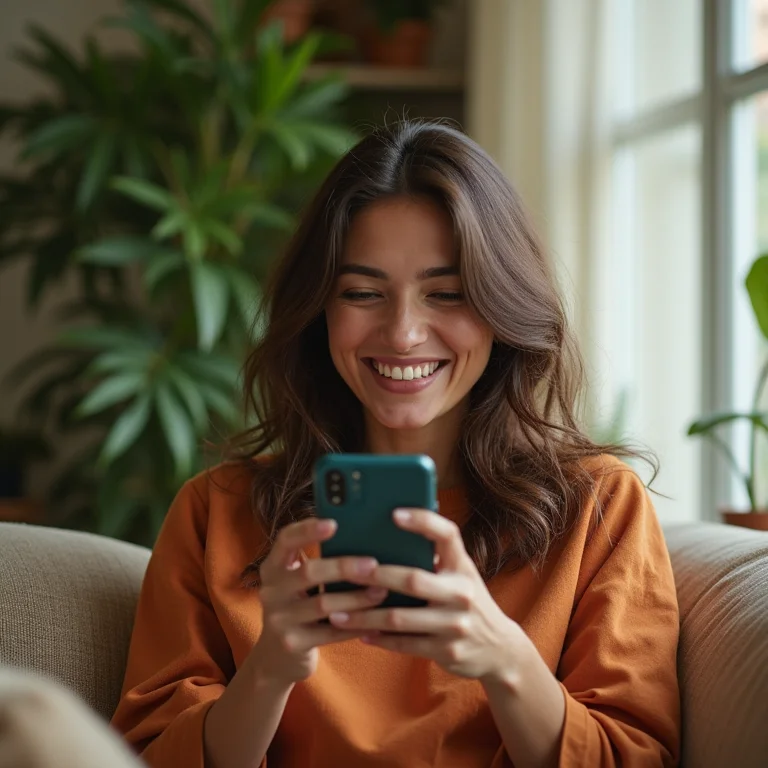 Mulher parda brasileira feliz em videochamada pelo WhatsApp