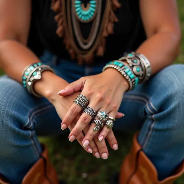 Mulher parda com anéis de prata, colar de turquesa e bota de cowboy