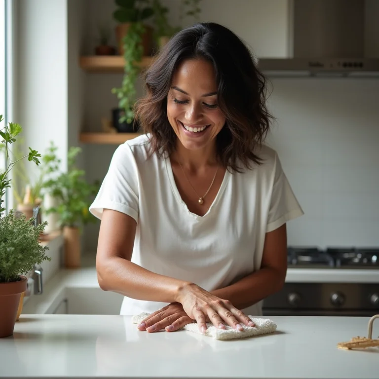 Mulher parda de meia-idade sorrindo enquanto limpa bancada de porcelanato na cozinha.