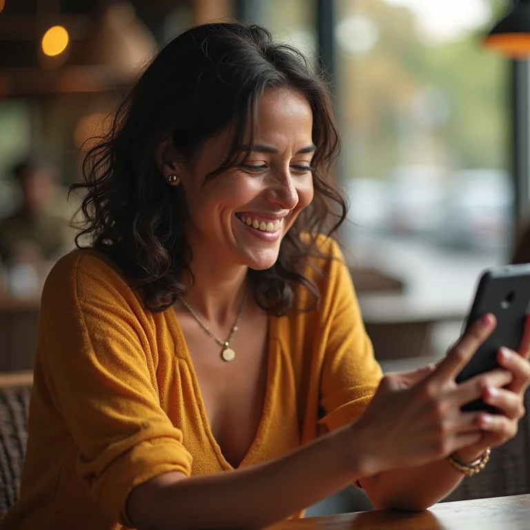 Mulher parda rindo ao ver vídeo de macaco-narigudo no celular.