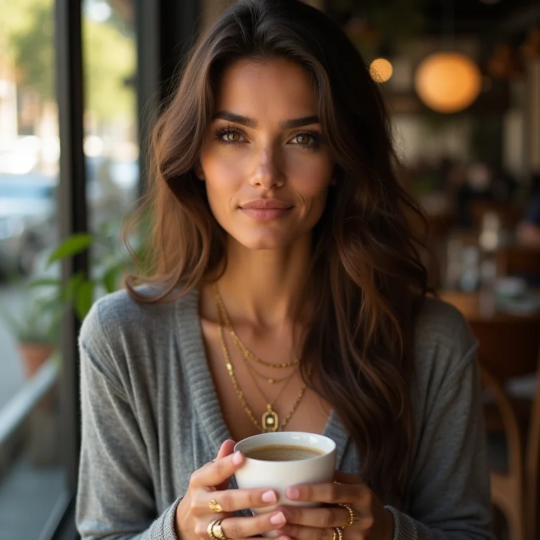 Mulher parda usando cardigã com acessórios dourados