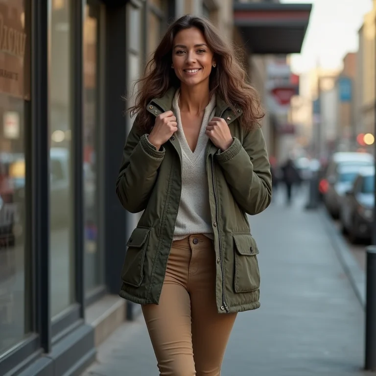 Mulher parda vestindo parka com calça chino e bota.