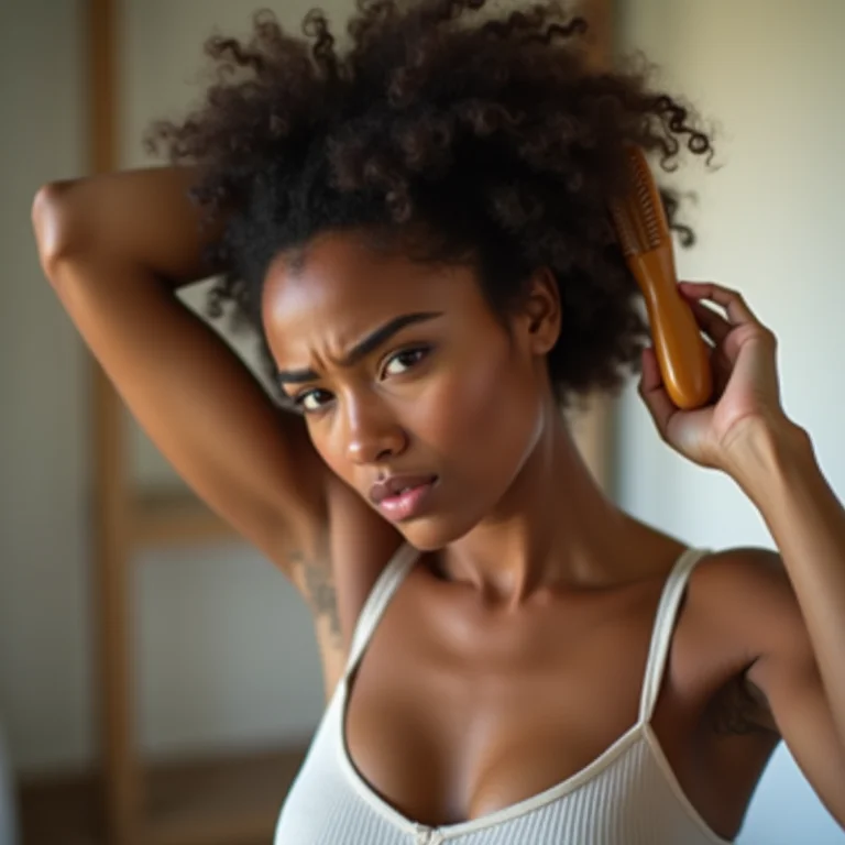 Mulher penteando o cabelo de forma agressiva, causando quebra e pontas duplas.