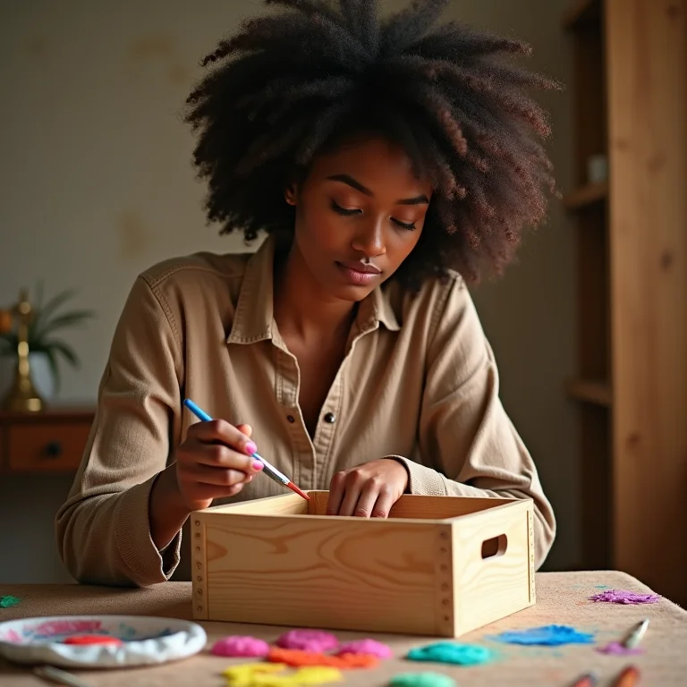 Mulher personalizando caixote de feira com tinta