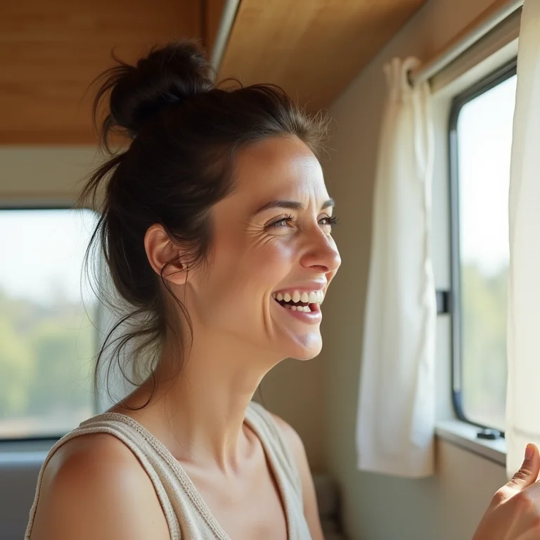 Mulher pintando paredes de motorhome com cores claras para ampliar espaço