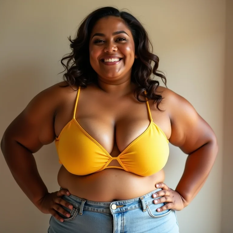 Mulher plus size abraçando suas curvas com alegria.