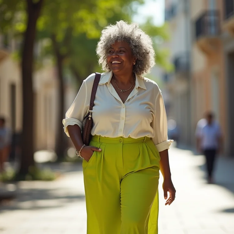 Mulher plus-size brasileira arrasando com calça verde lima em look casual chic