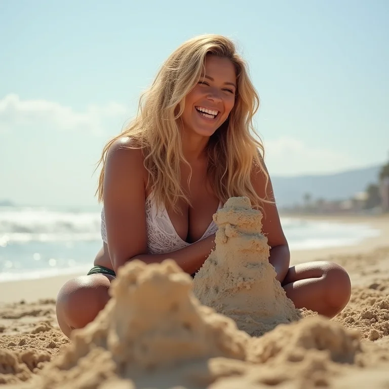 Mulher plus-size brasileira rindo na praia de Mission Bay.