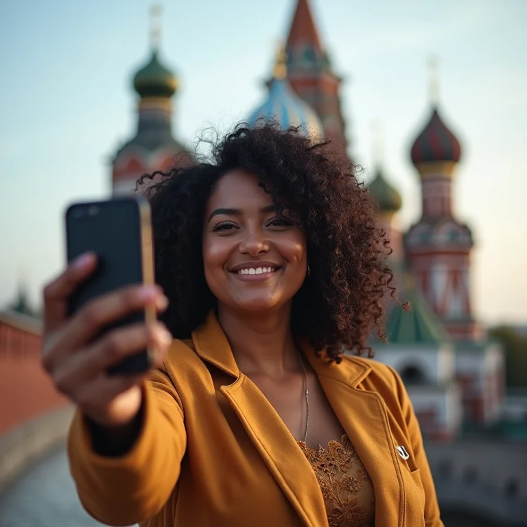 Mulher plus-size brasileira tirando selfie na Fortaleza de Pedro e Paulo.