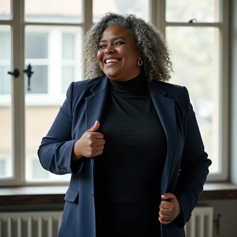 Mulher plus-size com blazer e gola alta