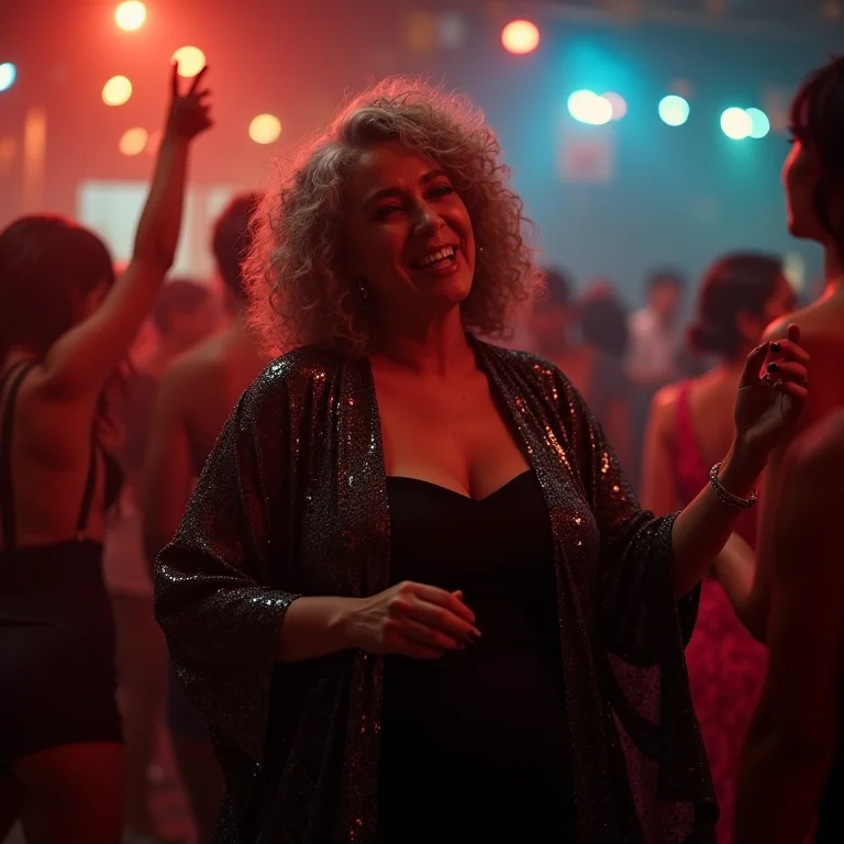 Mulher plus-size com kimono de paetês dançando na balada