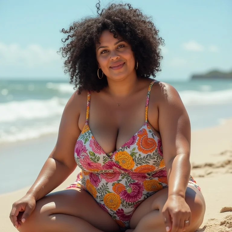 Mulher plus-size com macaquinho florido na praia