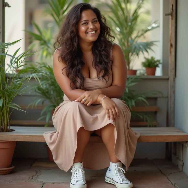 Mulher plus-size com saia e All Star sentada em banco