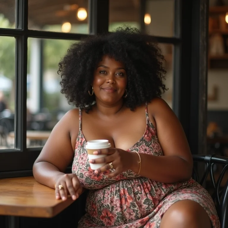 Mulher plus-size com saia midi e sandálias de pescador em café.