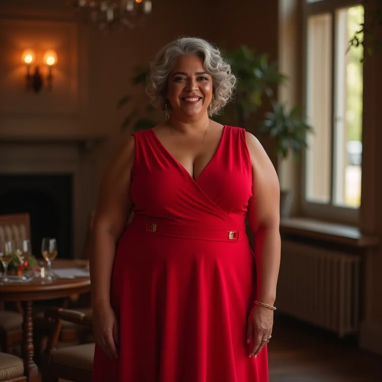 Mulher plus-size com vestido vermelho elegante para o Natal