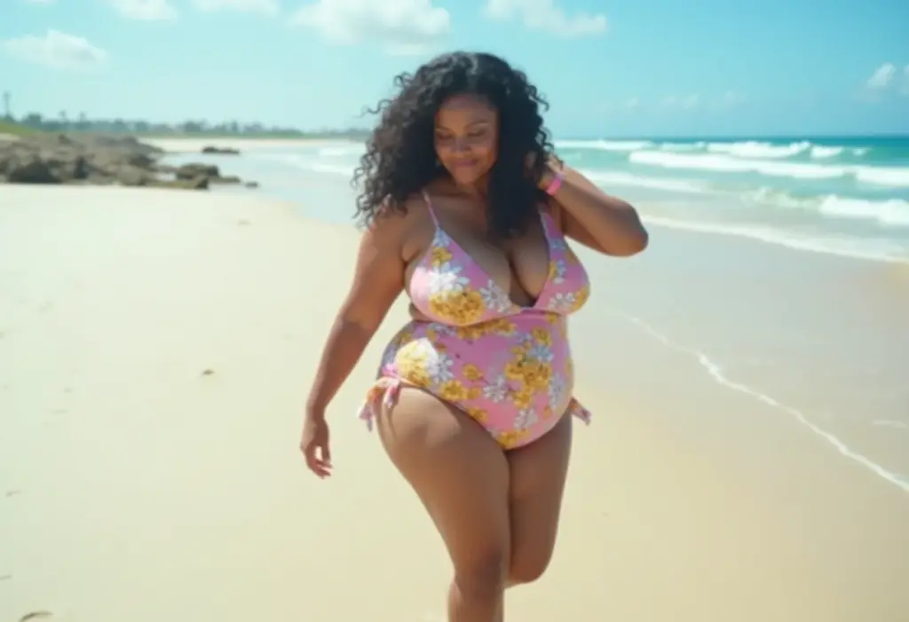 Moda praia plus size: 5 erros que você NÃO pode cometer! Mulher plus size confiante caminhando na praia.
