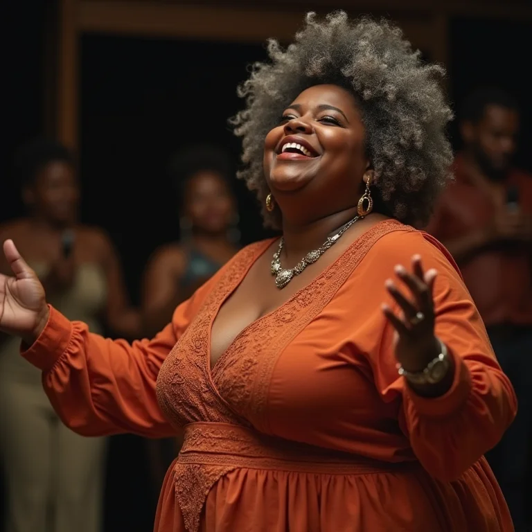 Mulher plus-size dançando confortavelmente em show