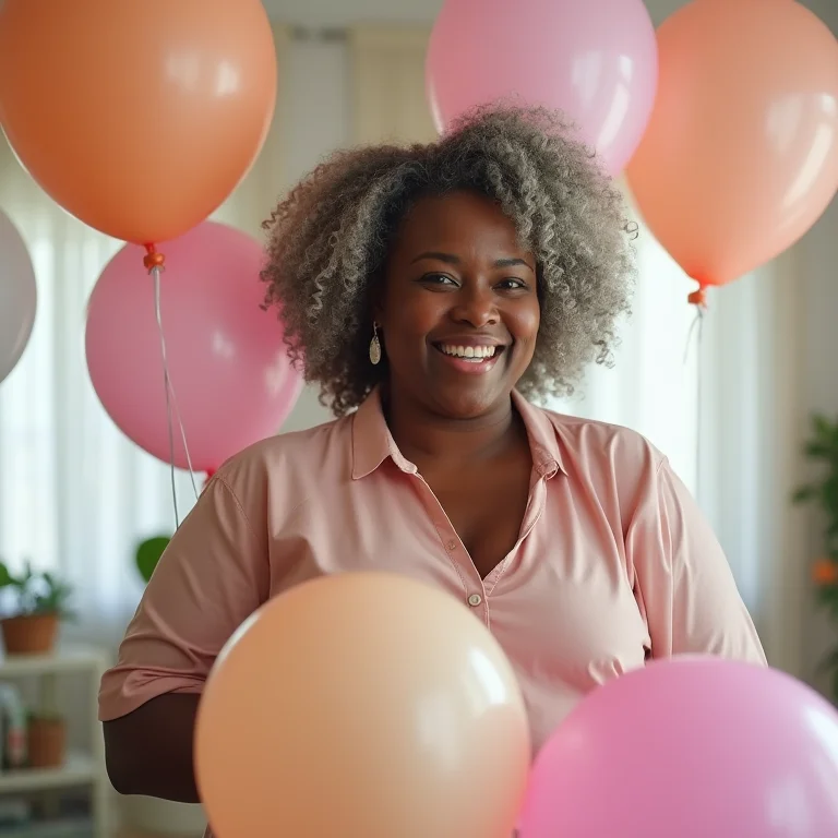 Mulher plus-size decorando com balões.