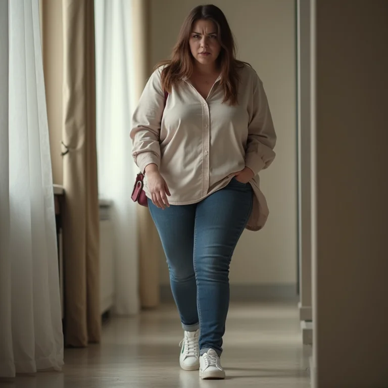 Mulher plus size desconfortável com tênis branco