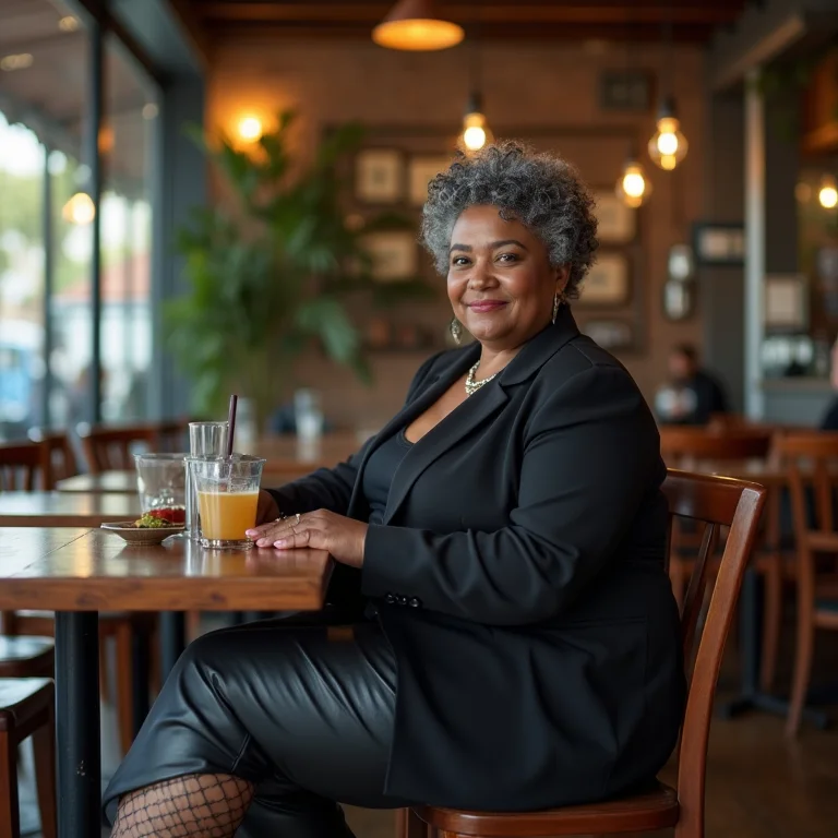 Mulher plus size e madura usando calça de couro com meia arrastão.