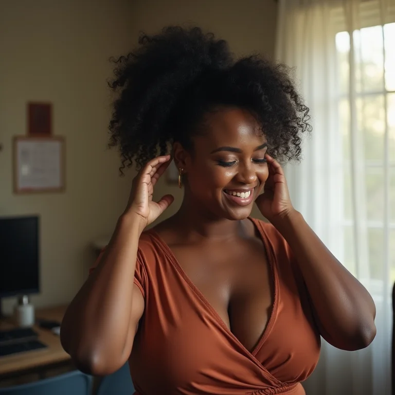 Mulher plus-size fazendo rabo de cavalo em escritório