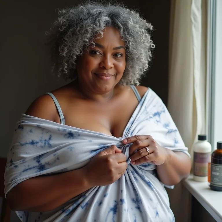 Mulher plus-size fazendo tie-dye em almofada.