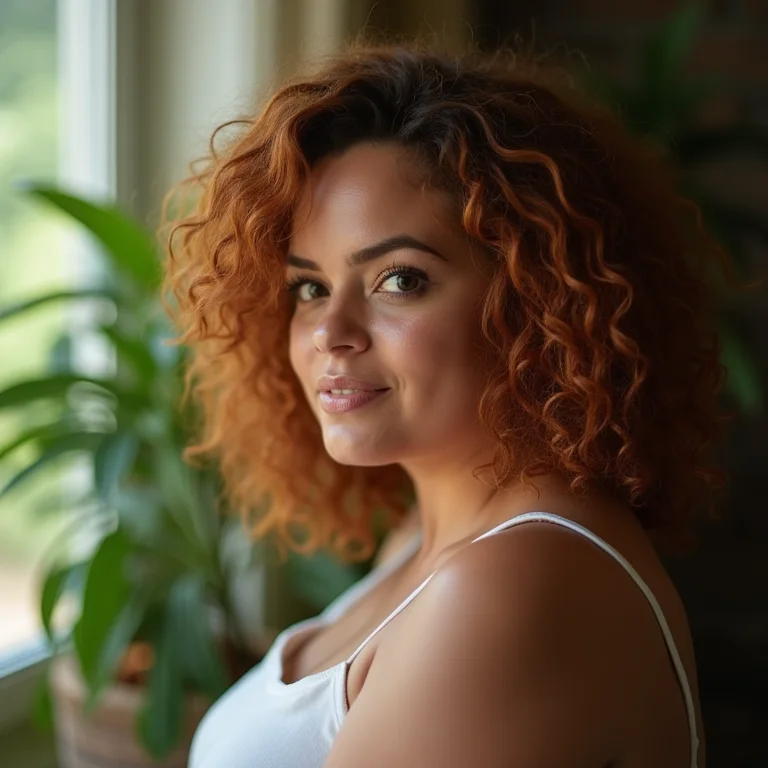 Mulher plus-size fotografando com fundo desfocado.