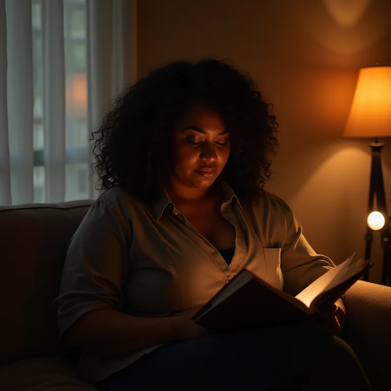 Mulher plus-size lendo livro sob luz suave em sala aconchegante