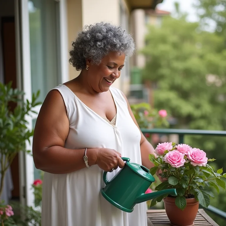 Mulher plus-size regando rosas cor-de-rosa em vaso verde