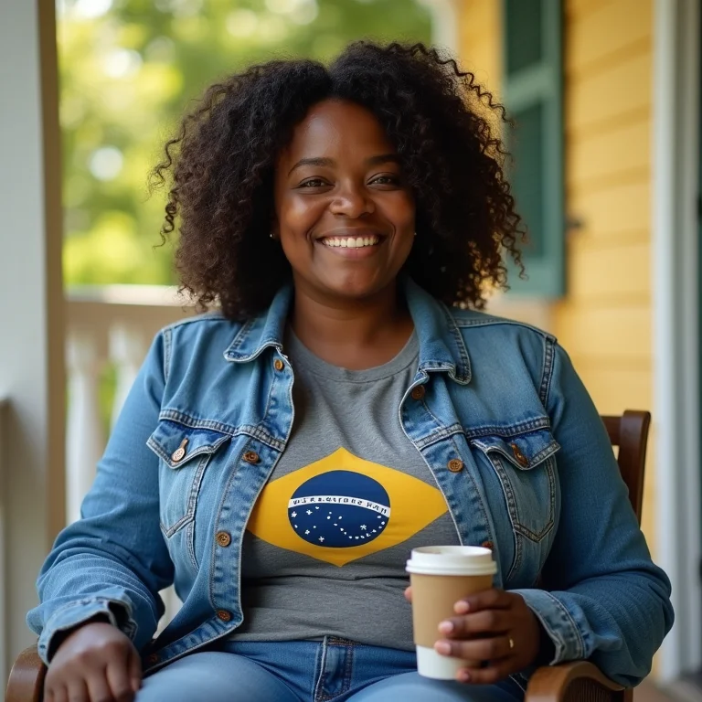 Mulher plus-size torcendo pelo Brasil com jeans e camiseta.