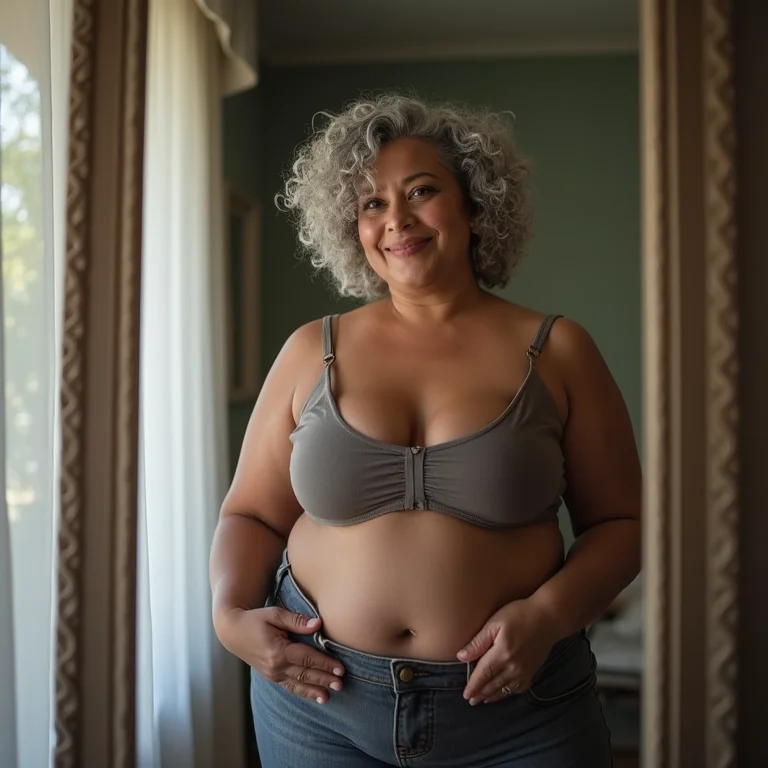 Mulher plus-size usando calça pantacourt de cintura alta.