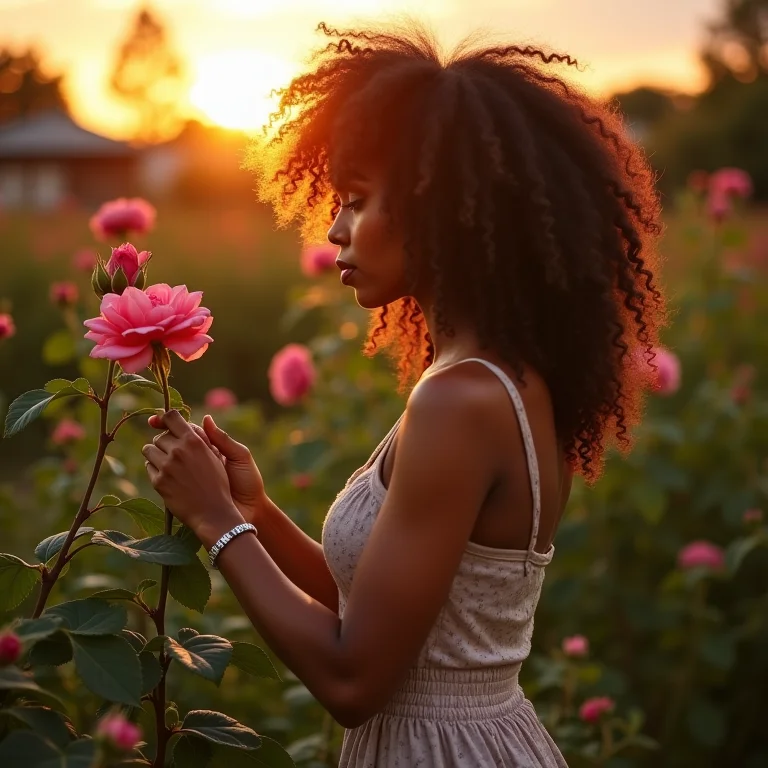 Mulher podando roseira em um jardim ao entardecer