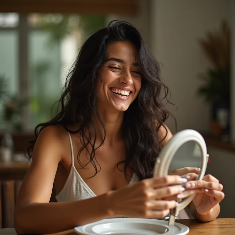 Mulher posicionando espelho na sala de jantar