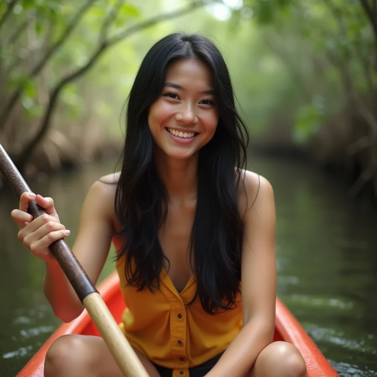 Mulher praticando kayak em Santo André, Bahia