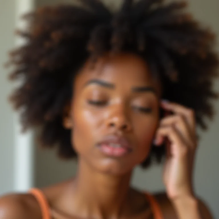 Mulher preocupada com a saúde do cabelo refletida no espelho