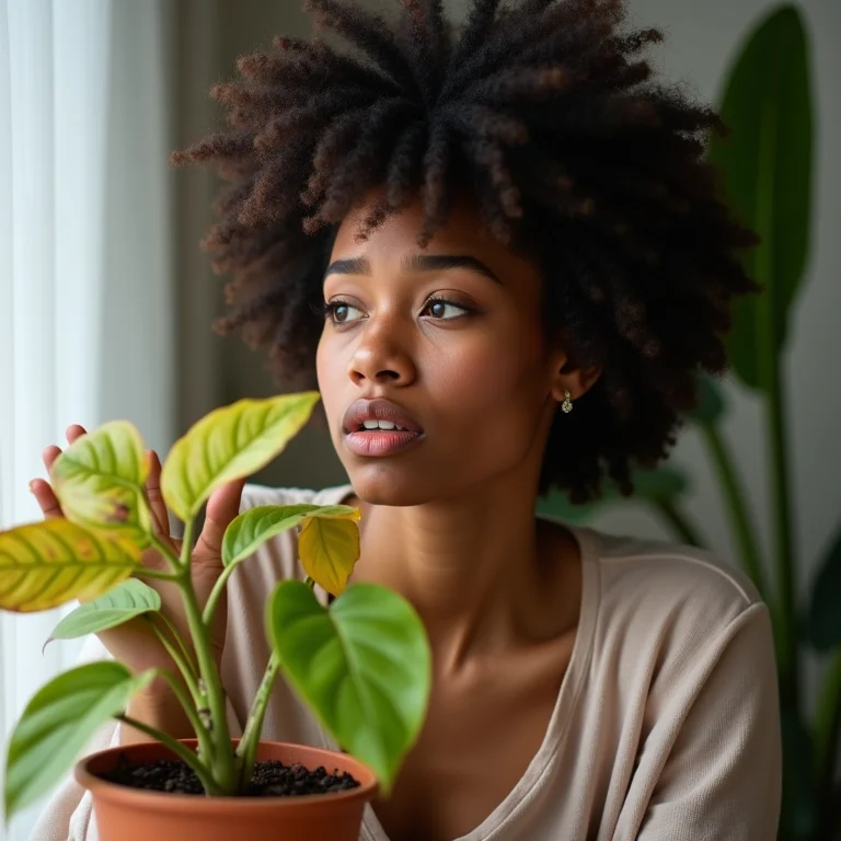 Mulher preocupada examinando planta com sinais de excesso de água