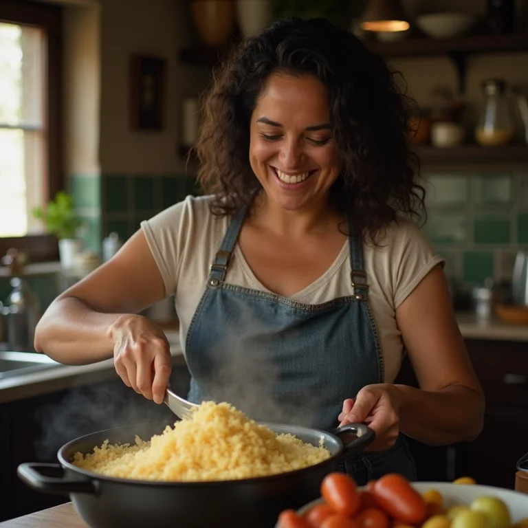 Mulher preparando arroz com pequi cremoso em cozinha rústica.