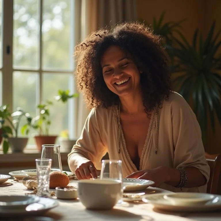Mulher preparando mesa de jantar para convidados.