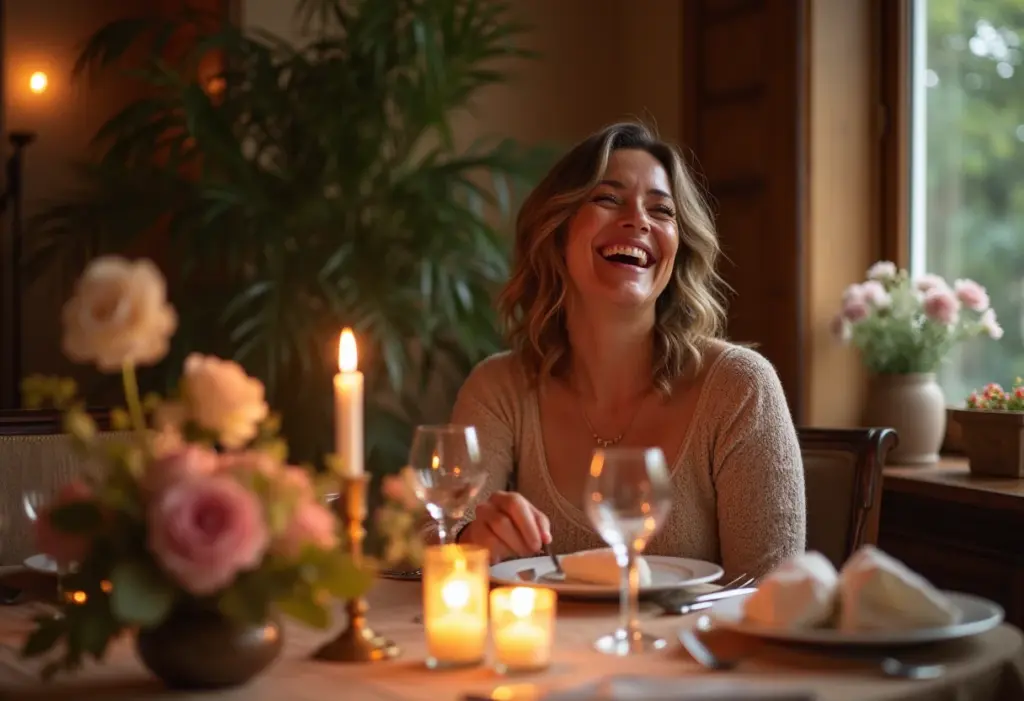 Mulher preparando mesa de jantar romântico.