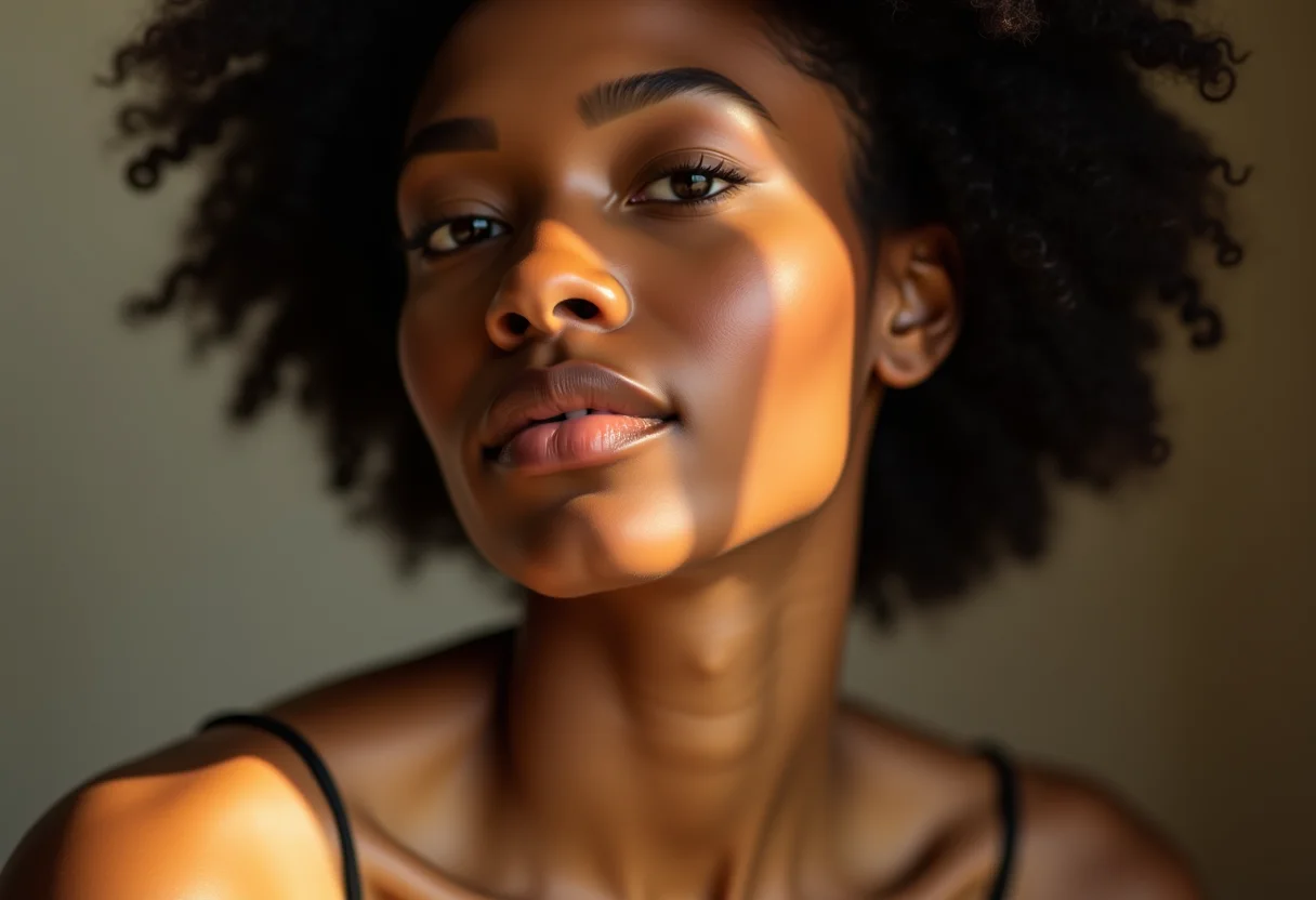 Mulher radiante aplicando maquiagem suave.