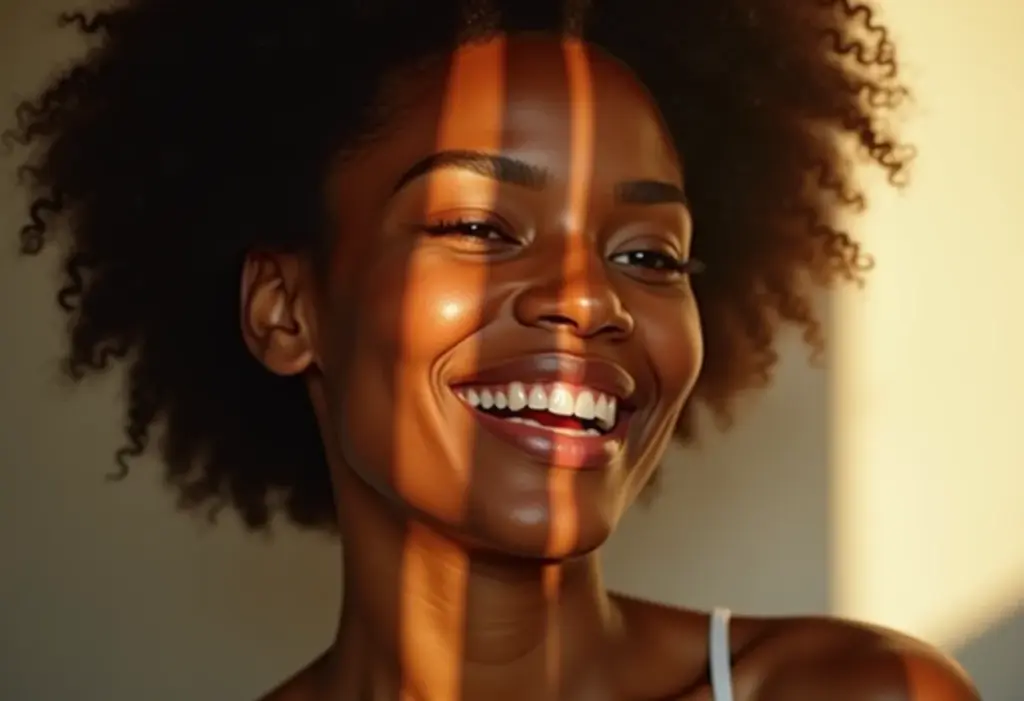 Mulher radiante com maquiagem natural celebrando a beleza autêntica.