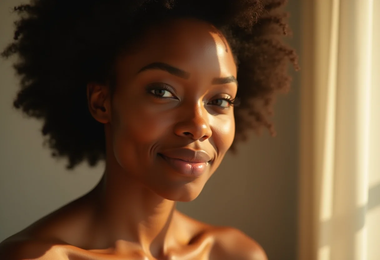 Mulher radiante com maquiagem natural e pele texturizada.