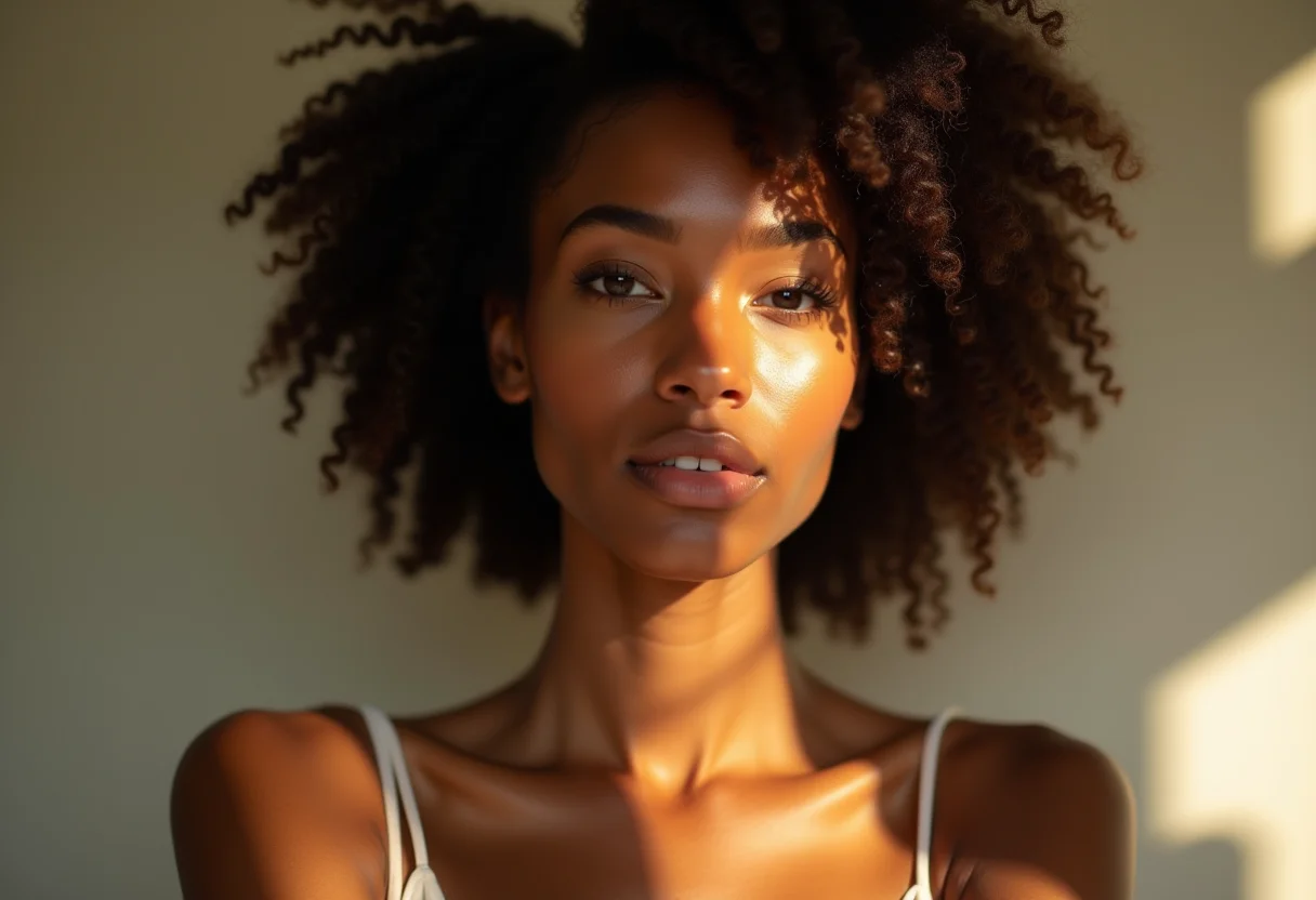 Mulher radiante com pele saudável e kit de skincare essencial.