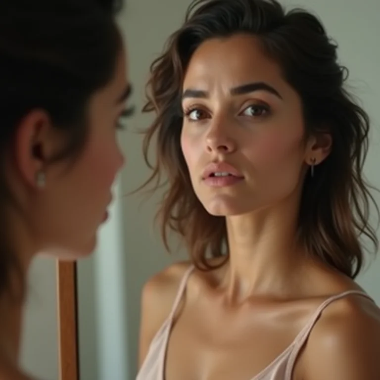 Mulher refletindo sobre os padrões de beleza e a busca pela perfeição estética.
