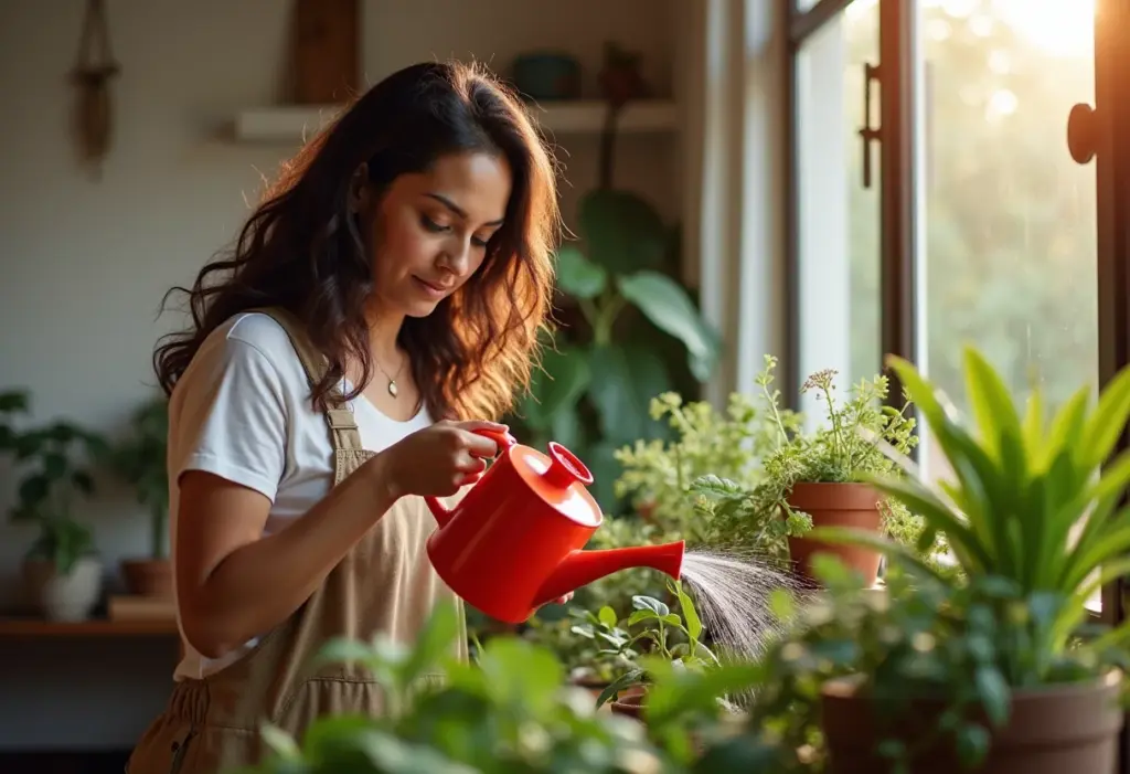 Plantas para sala: o guia definitivo para um ambiente mais verde Mulher regando plantas em sala de estar ensolarada