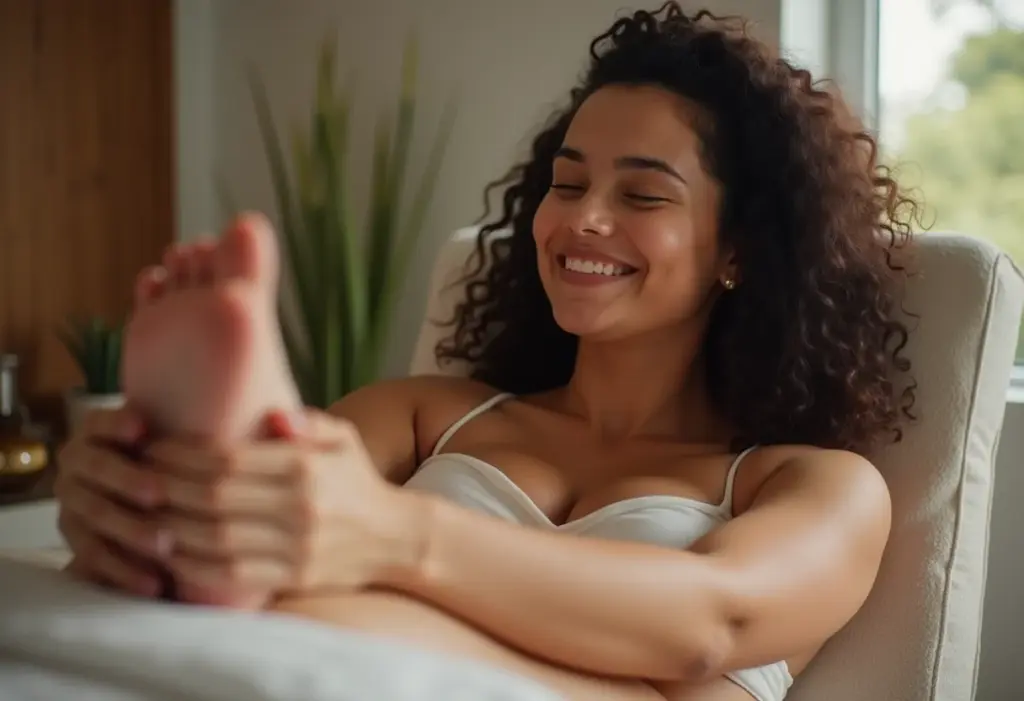 Reflexologia Podal: Alívio Imediato ou Mito? A Ciência Explica Mulher relaxando durante sessão de reflexologia podal