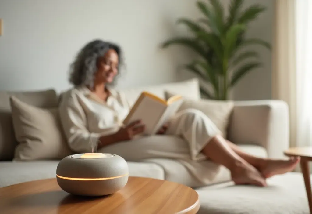 Mulher relaxando em casa com difusor de aromas